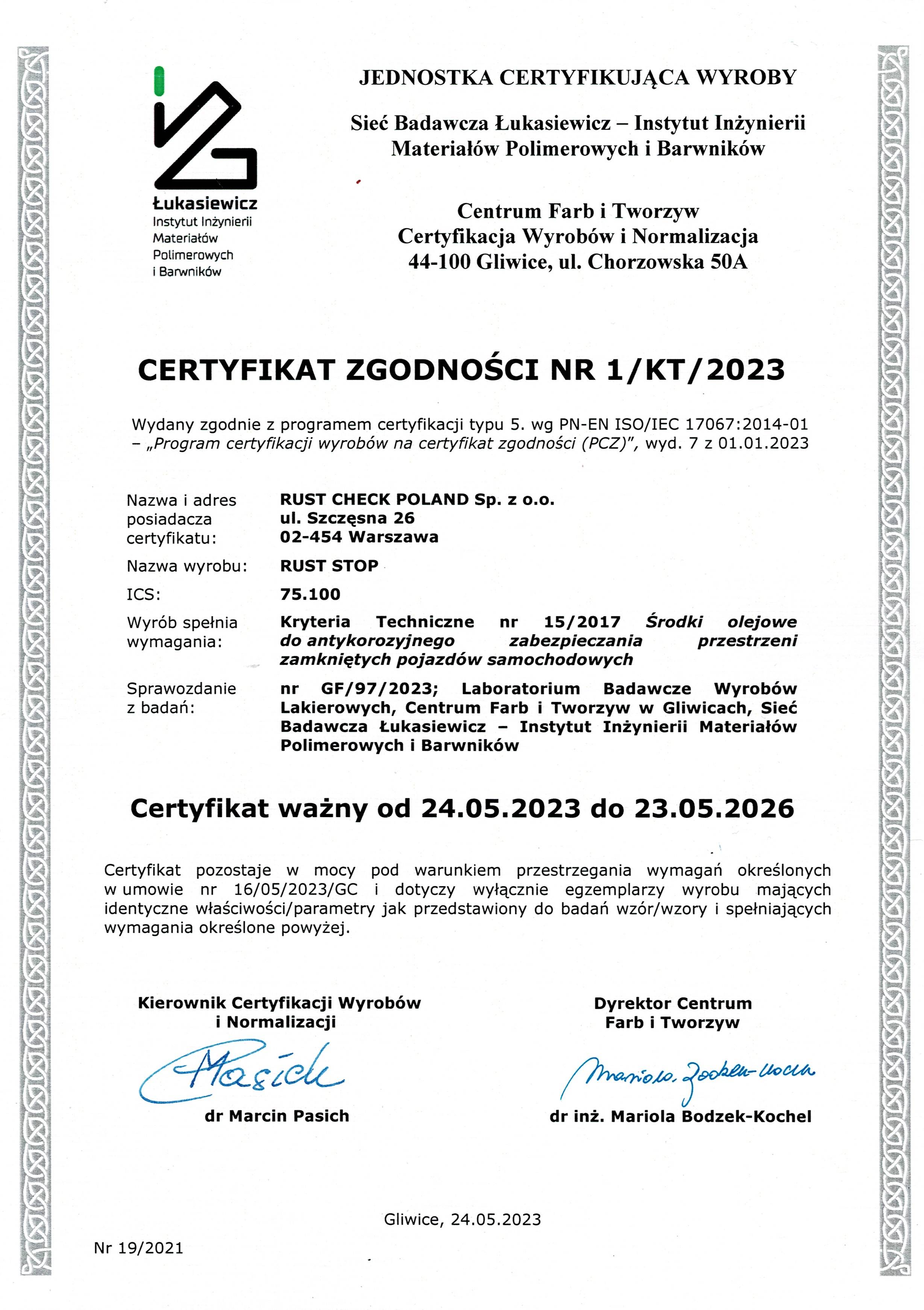 certyfikat Rust Check Poland 2023