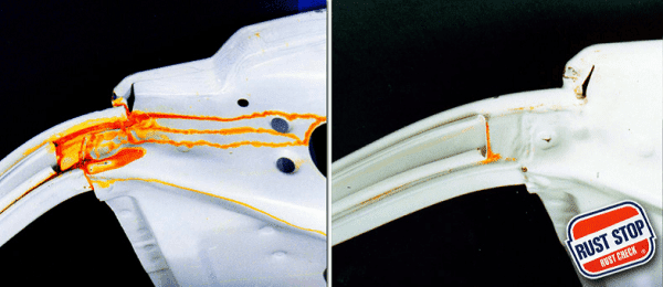Zdjęcie przed i po użyciu preparatu na rdzę RUST STOP
